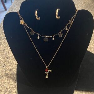 Gold and Red Flower & Butterfly Charm Necklace and Earring Set